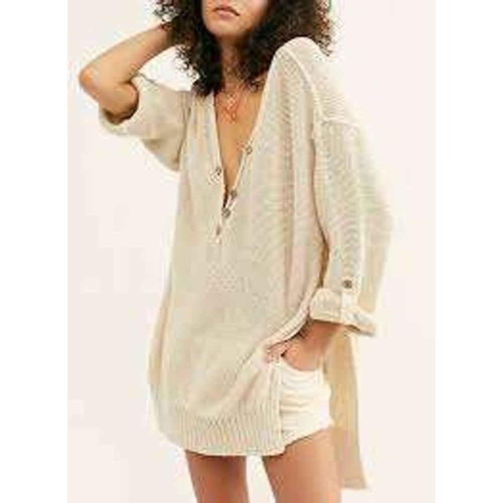 Free People Womens Cream Oversized Henley Chunky Knit Sweater SMALL